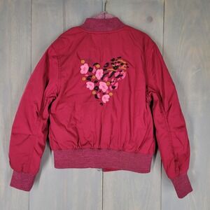 Catimini Bomber Jacket Kids 6 Pink Red Embroidered Heart Floral Leopard Zip